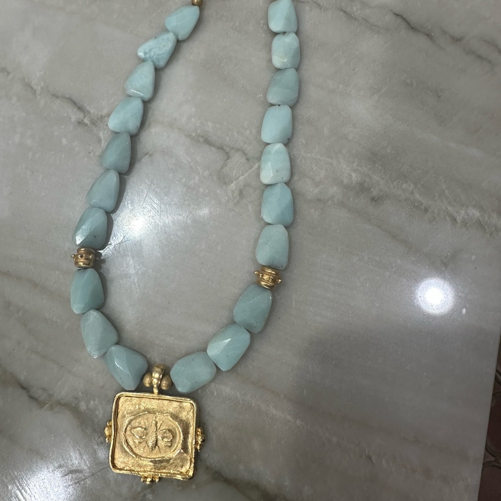 Aqua Beaded Necklace with Gold Pendant